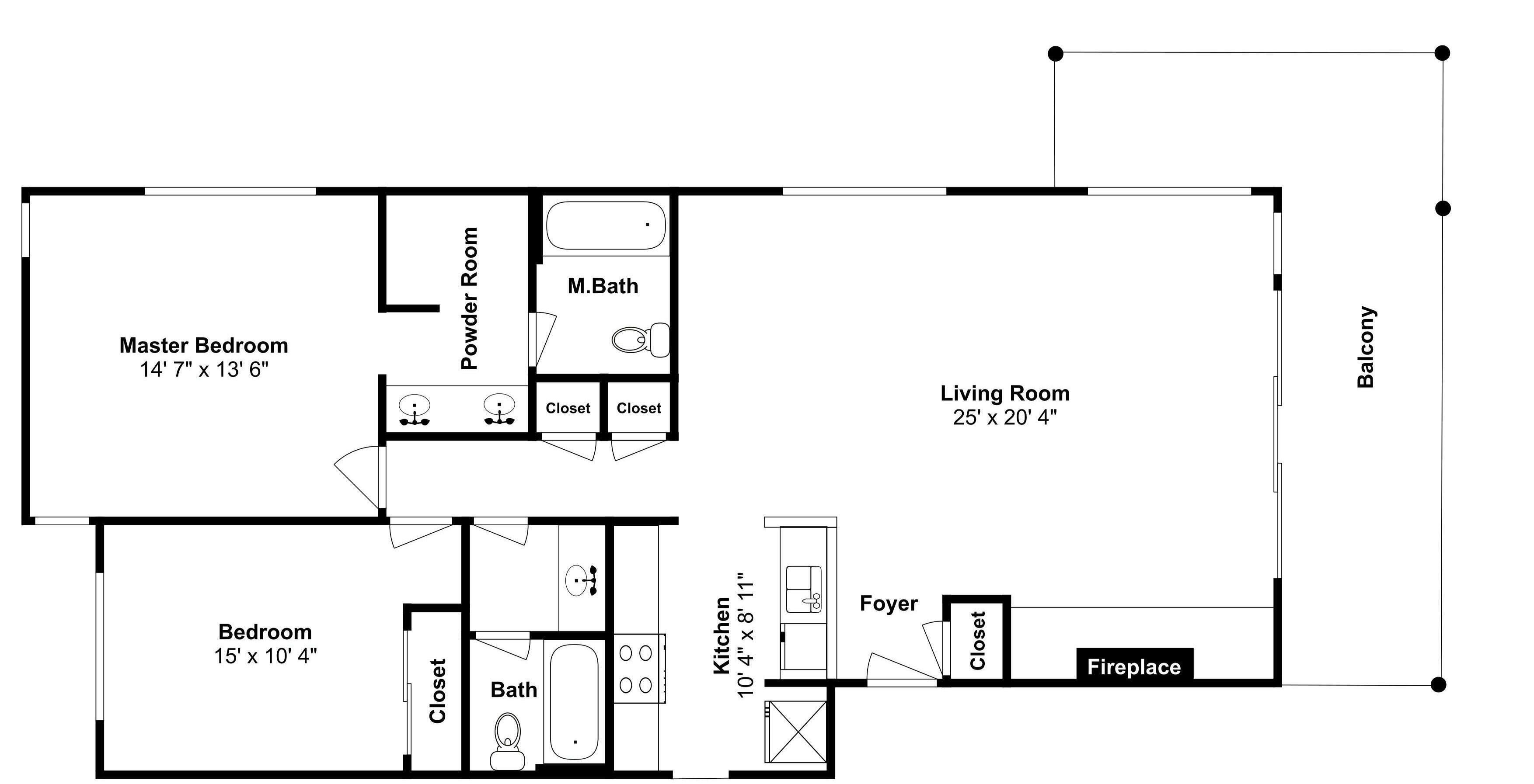 A floor plan with a master bedroom, powder room, M. Bath, bedroom, kitchen, living room, foyer, closet, and fireplace.