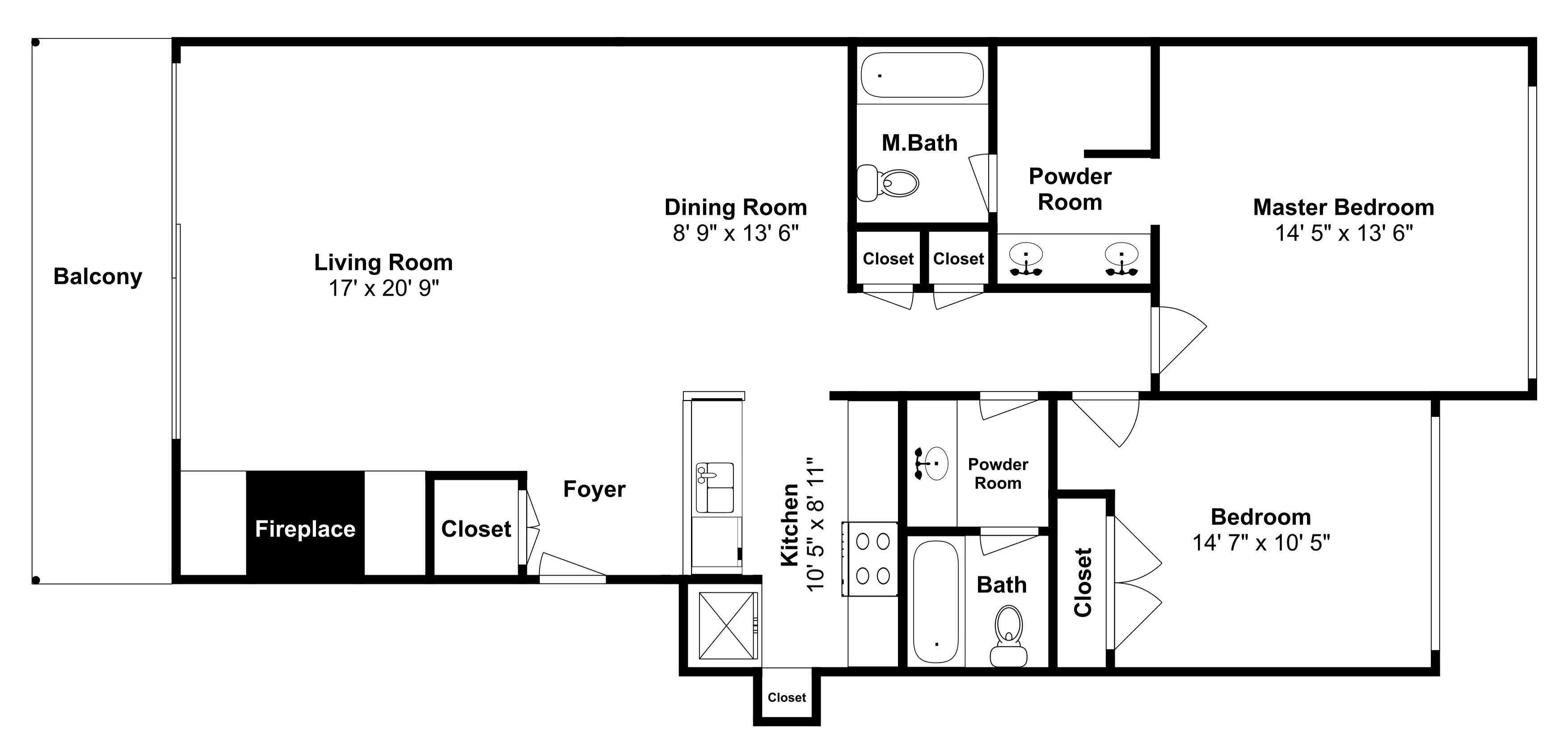 Pianta del Lodgepole Circle al numero 2003, Keystone, piano terra, che mostra un balcone, soggiorno, sala da pranzo, bagno di servizio, camera da letto principale, bagno, cucina, ingresso e camino.
