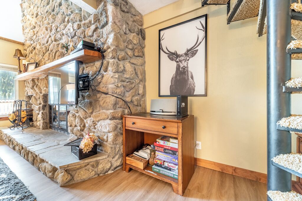 Olohuoneessa on tunnelmallinen kivitakka, jonka yläpuolella on televisio, kirjahylly ja kehystetty kuva peurasta.