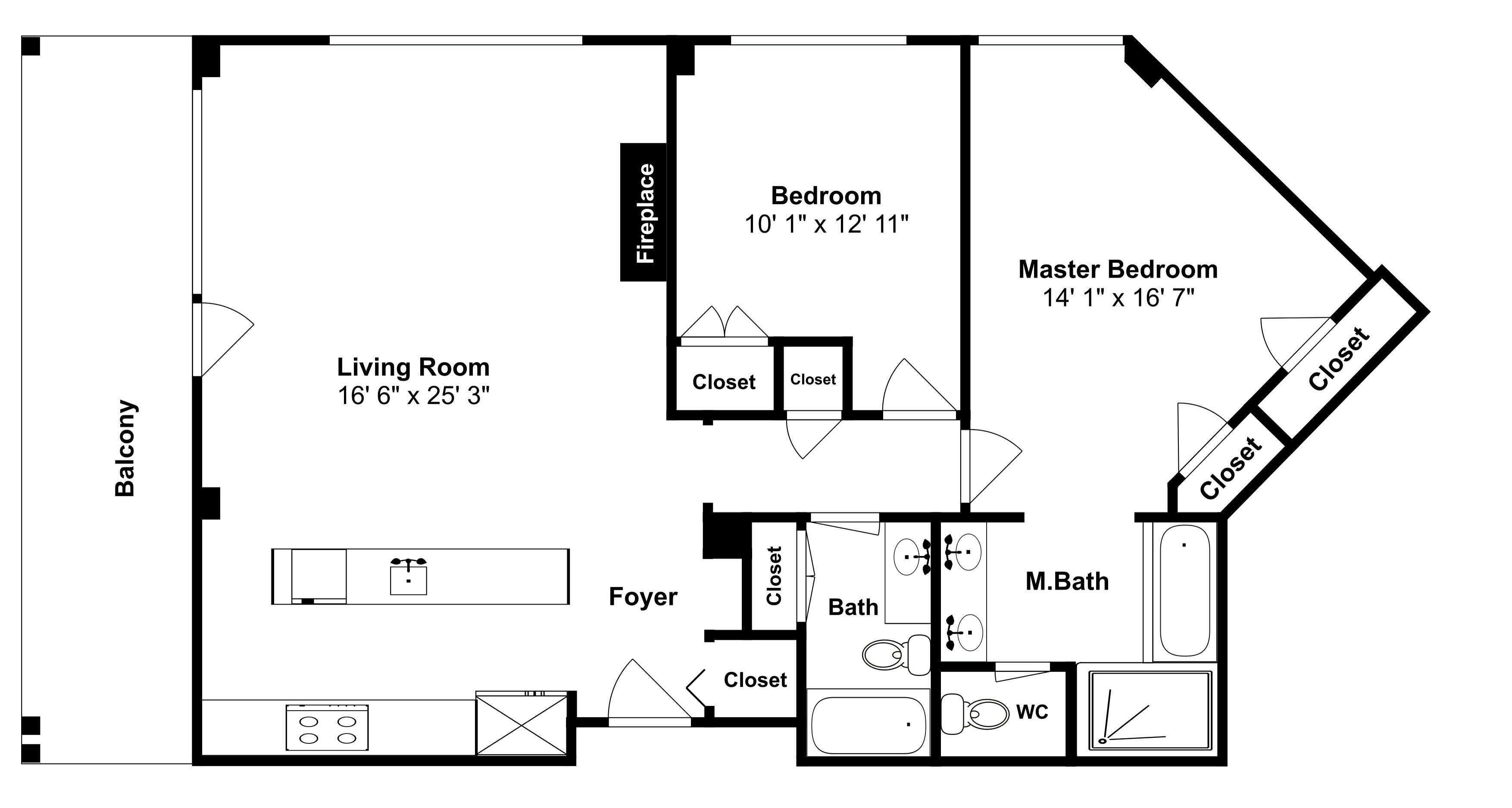 A floor plan of a 280 Trailhead Drive, Keystone apartment with a balcony, living room, foyer, master bedroom, master bathroom, and two bedrooms.