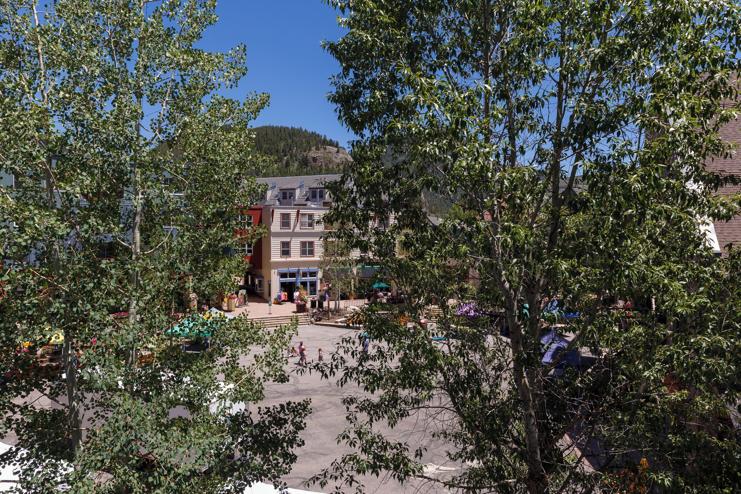 Kaupunginaukio, jossa on rakennuksia, puita ja kirkas taivas.