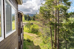 Una cabana de fusta amb vista a un bosc i muntanyes.