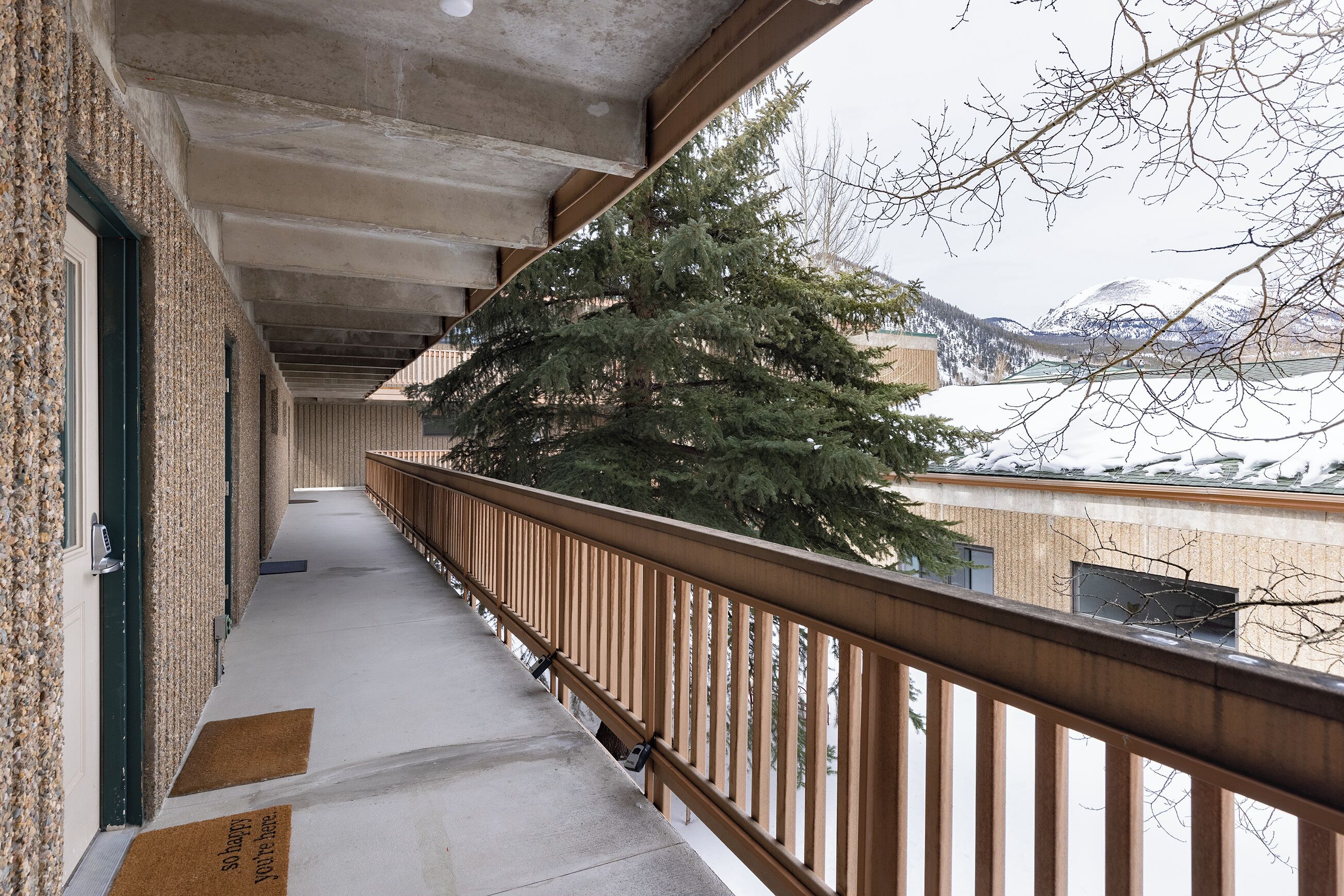 A corridor with a wooden railing, a snow-covered mountain in the background, and a large evergreen tree.