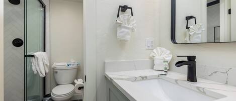 A modern bathroom with a glass shower enclosure, a white toilet, a sink with a black faucet, and a mirror above the sink.
