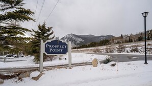 En skylt med texten ”Prospect Point”, med en bergig bakgrund, en väg och ett snötäckt landskap.