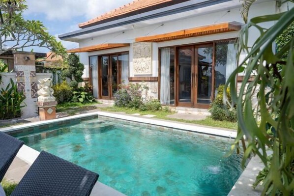 A modern house with a swimming pool, large windows, and a garden. - Villa d'Alas Ubud (Bali)