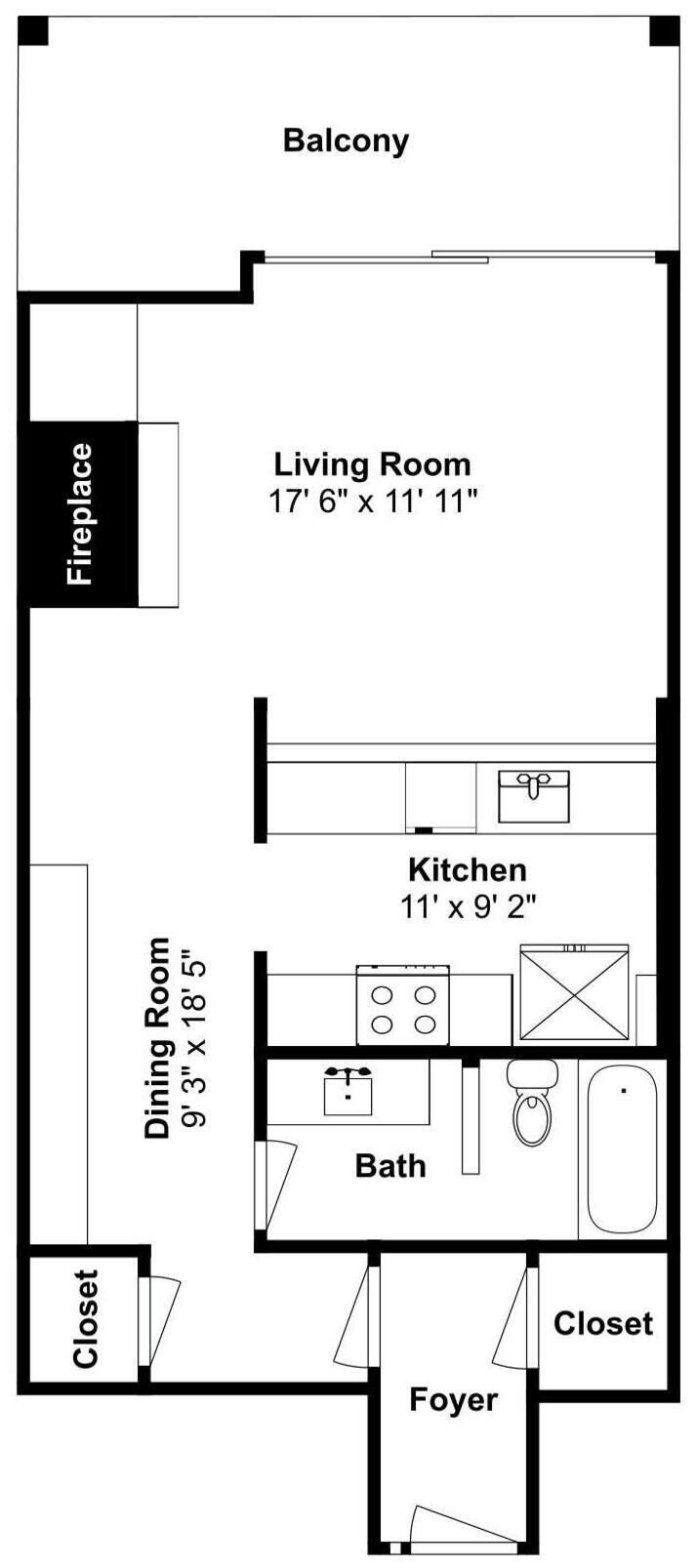 A floor plan with a balcony, living room, kitchen, dining room, bathroom, closets, and foyer.
