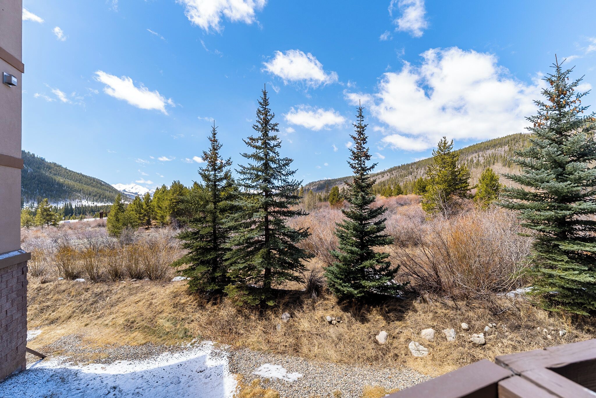 A view of a mountainous landscape with evergreen trees and a clear sky.