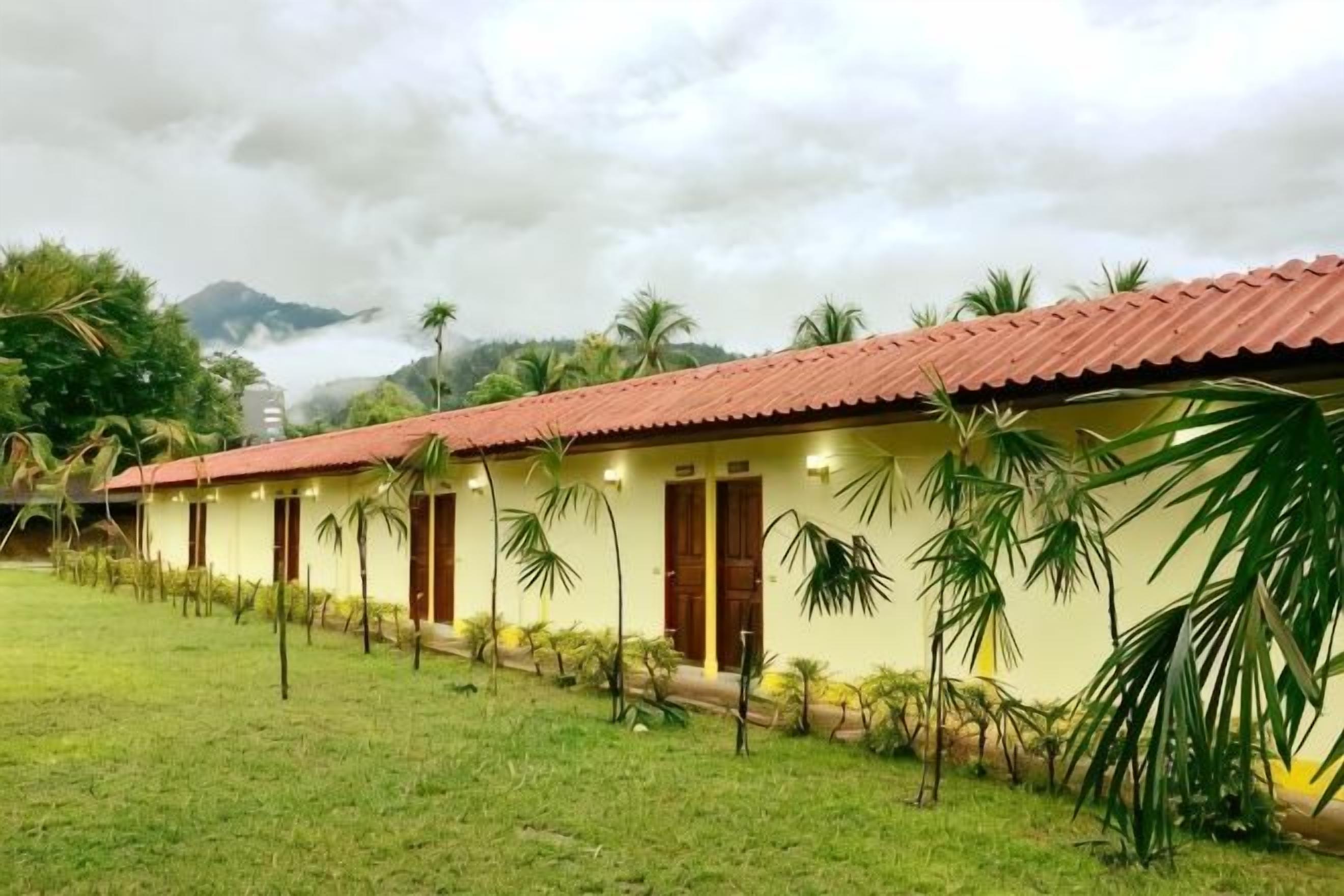 A row of yellow buildings with red roofs, surrounded by grass and palm trees, under a cloudy sky.