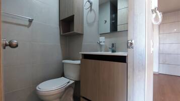 Hair dryer, towels, soap, toilet paper