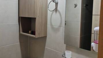 Hair dryer, towels, soap, toilet paper