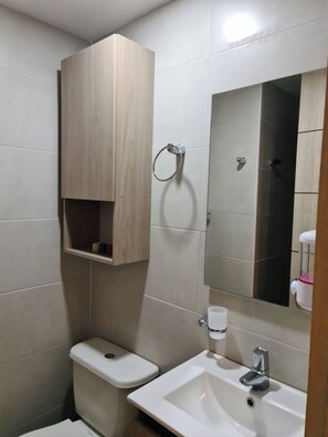 Hair dryer, towels, soap, toilet paper