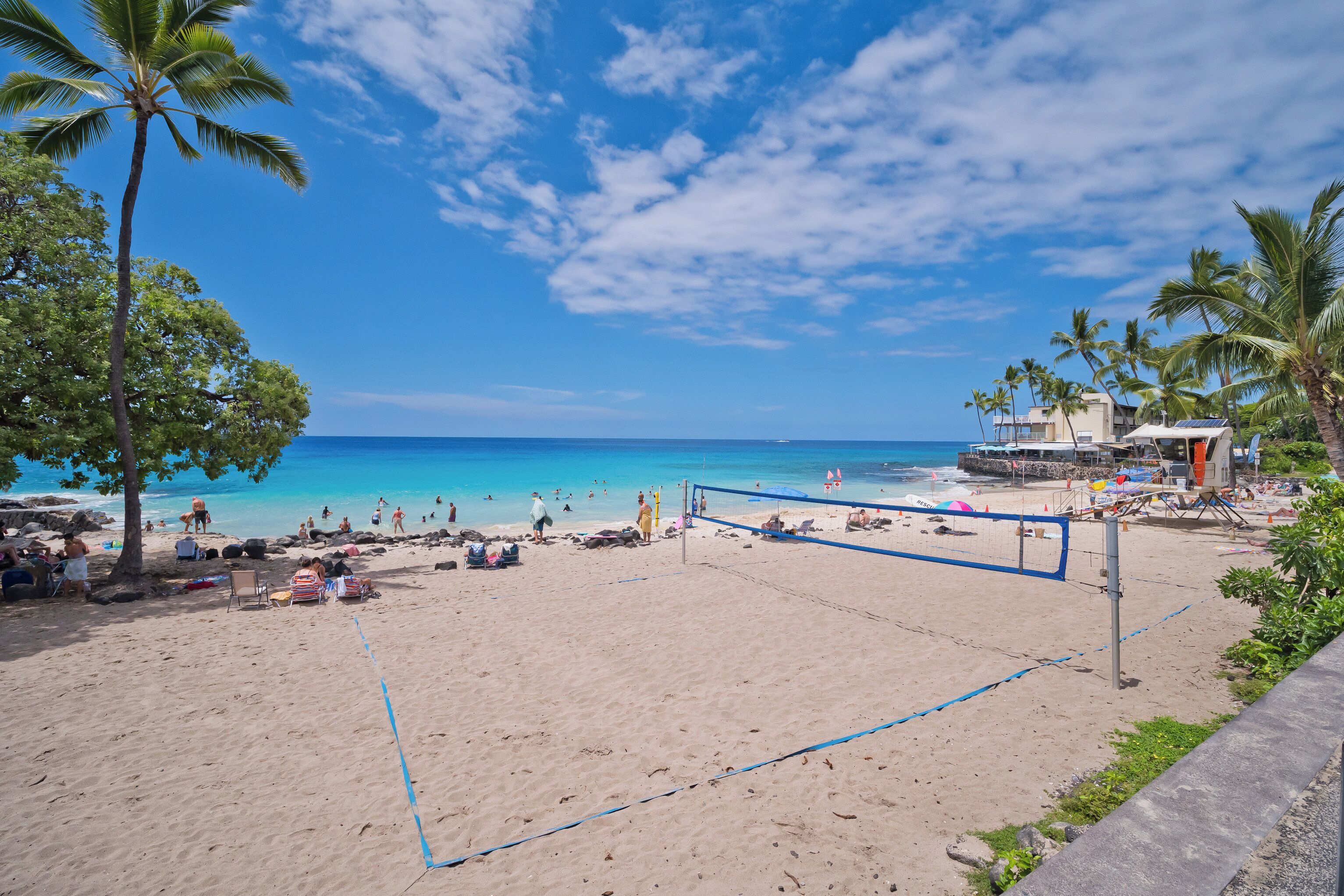 On the beach, sun loungers, beach towels