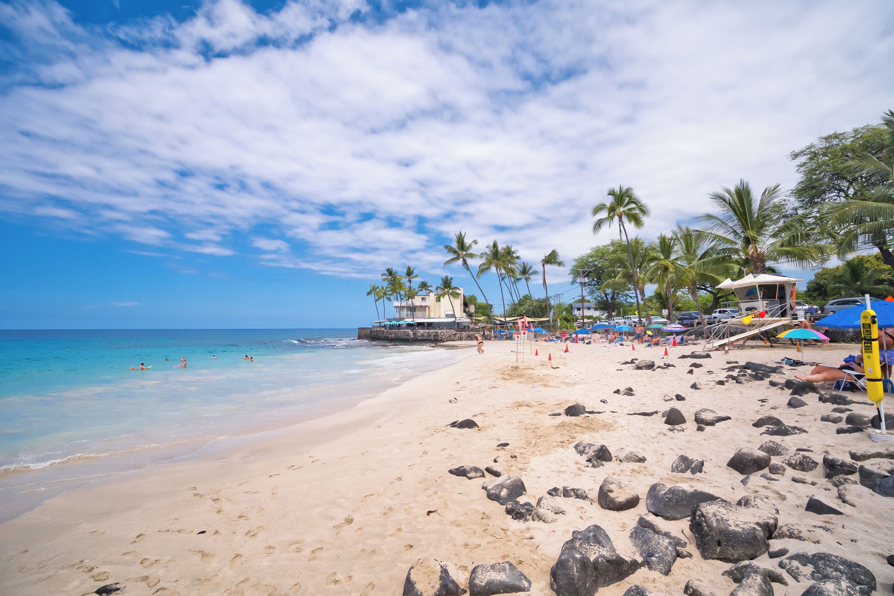 On the beach, sun loungers, beach towels