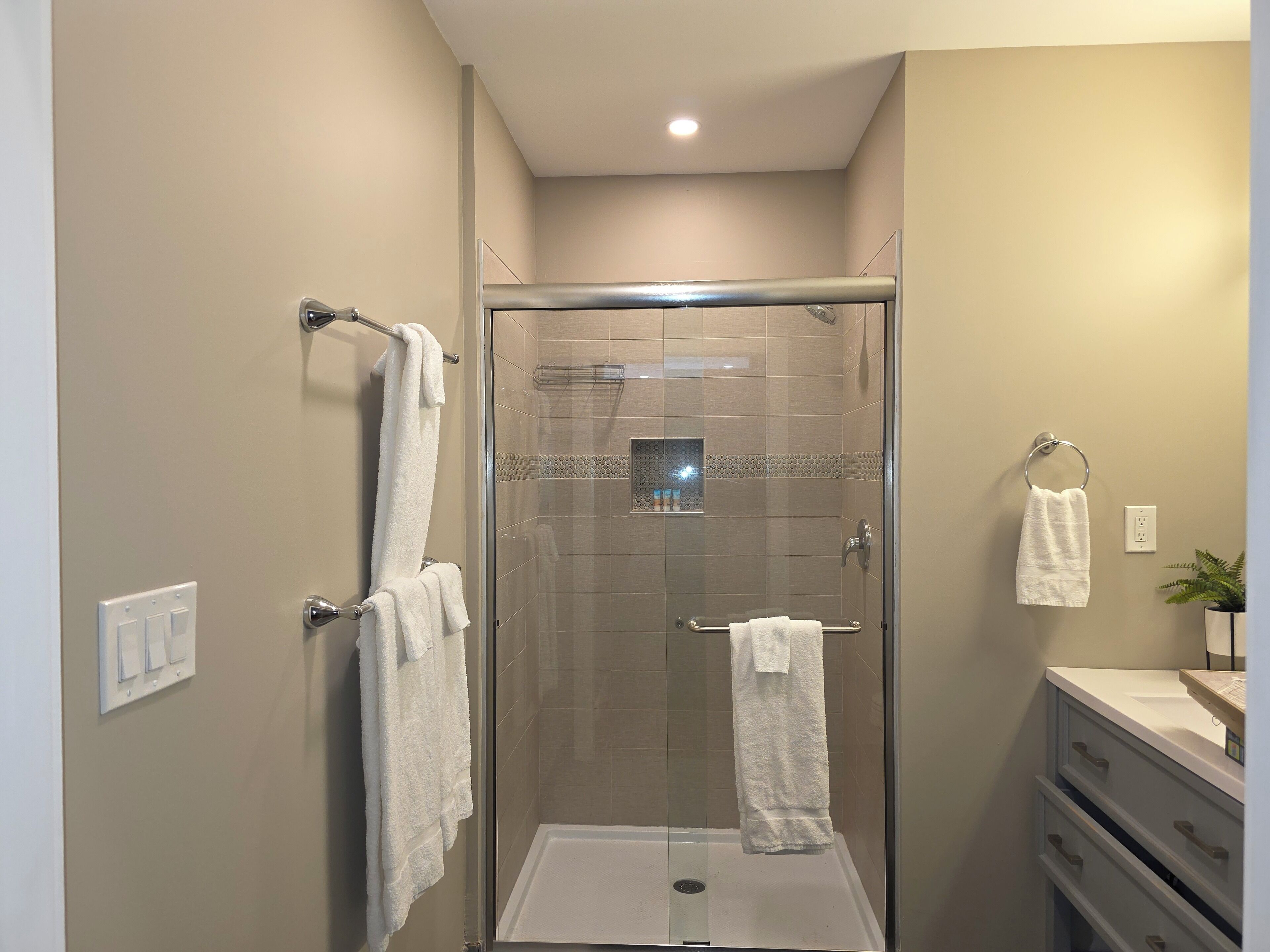 Shower, hair dryer, towels, soap