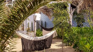 Uma rede em um jardim com cactos e um muro de azulejos.