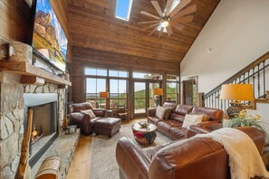 Smart TV, fireplace, books