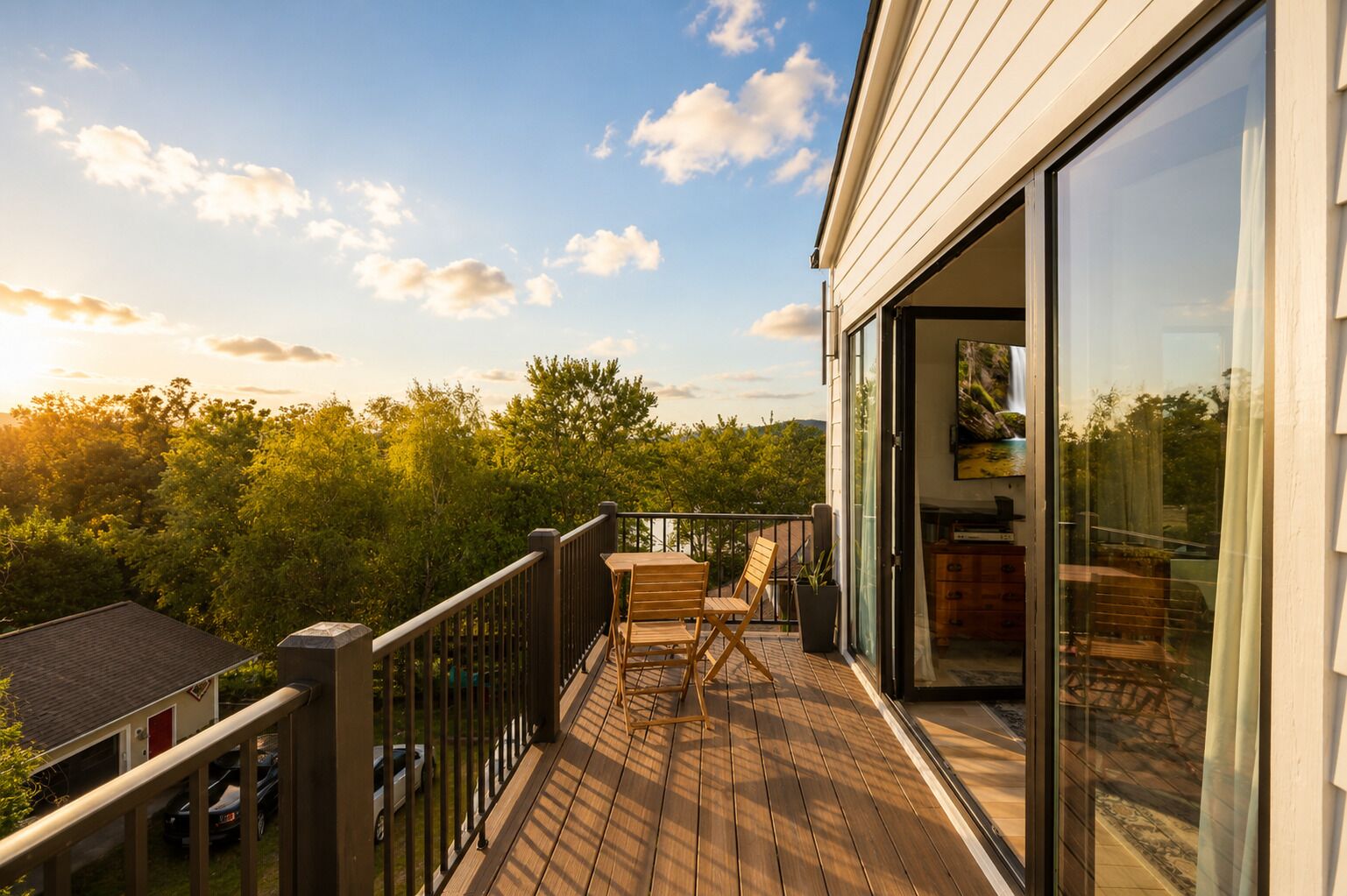 Une terrasse avec une table et des chaises, donnant sur une zone boisée.