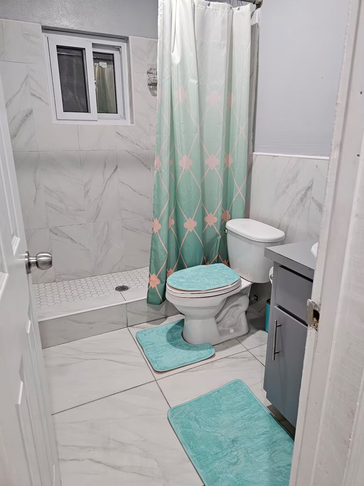 Hair dryer, towels, soap, toilet paper