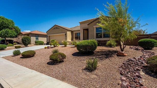 A residential area with houses, a driveway, and landscaped gardens.
