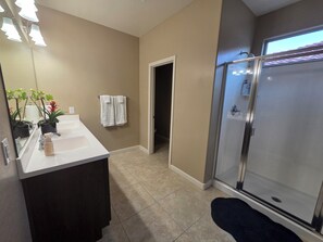 Hair dryer, towels, soap, toilet paper