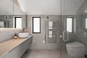 Hair dryer, towels, soap, shampoo