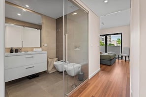 Shower, hair dryer, towels, shampoo