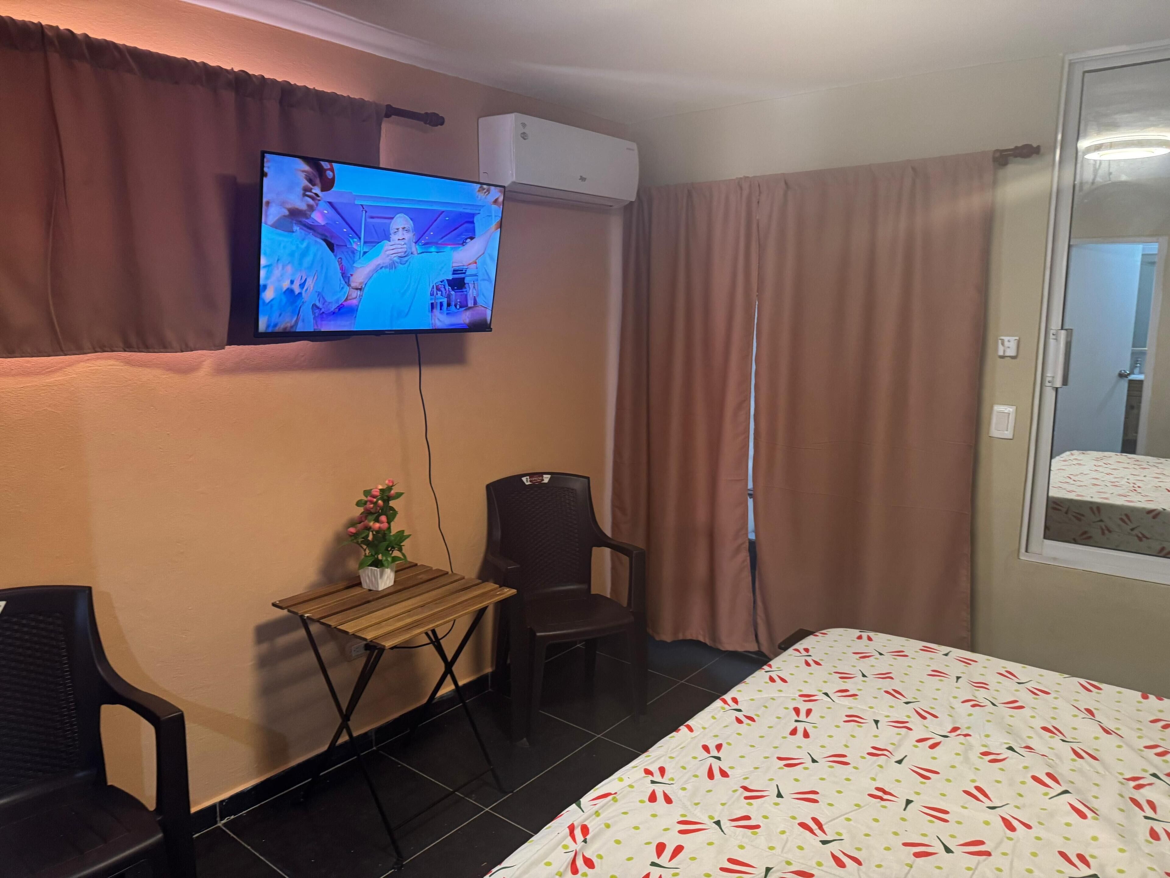 Une chambre d’hôtel avec un lit, un téléviseur fixé au mur, une petite table avec une plante, une chaise et un appareil de climatisation.