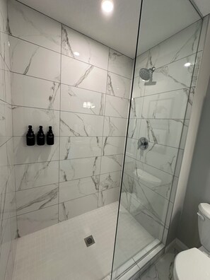 Hair dryer, towels, soap, shampoo