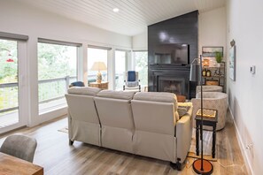 Smart TV, fireplace, DVD player, books