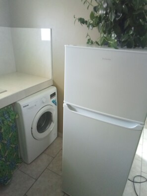 A compact kitchen with a washing machine and a refrigerator.