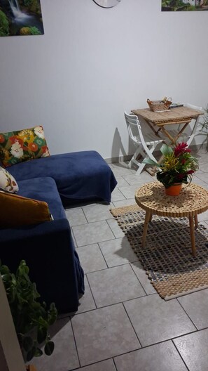 A living room with a blue sofa, a small round table with a potted plant, a white folding table, and a patterned rug.