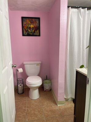 Une salle de bain avec un mur rose, des toilettes, un tableau encadré, un rideau blanc et une poubelle.