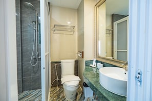 Shower, free toiletries, hair dryer, towels