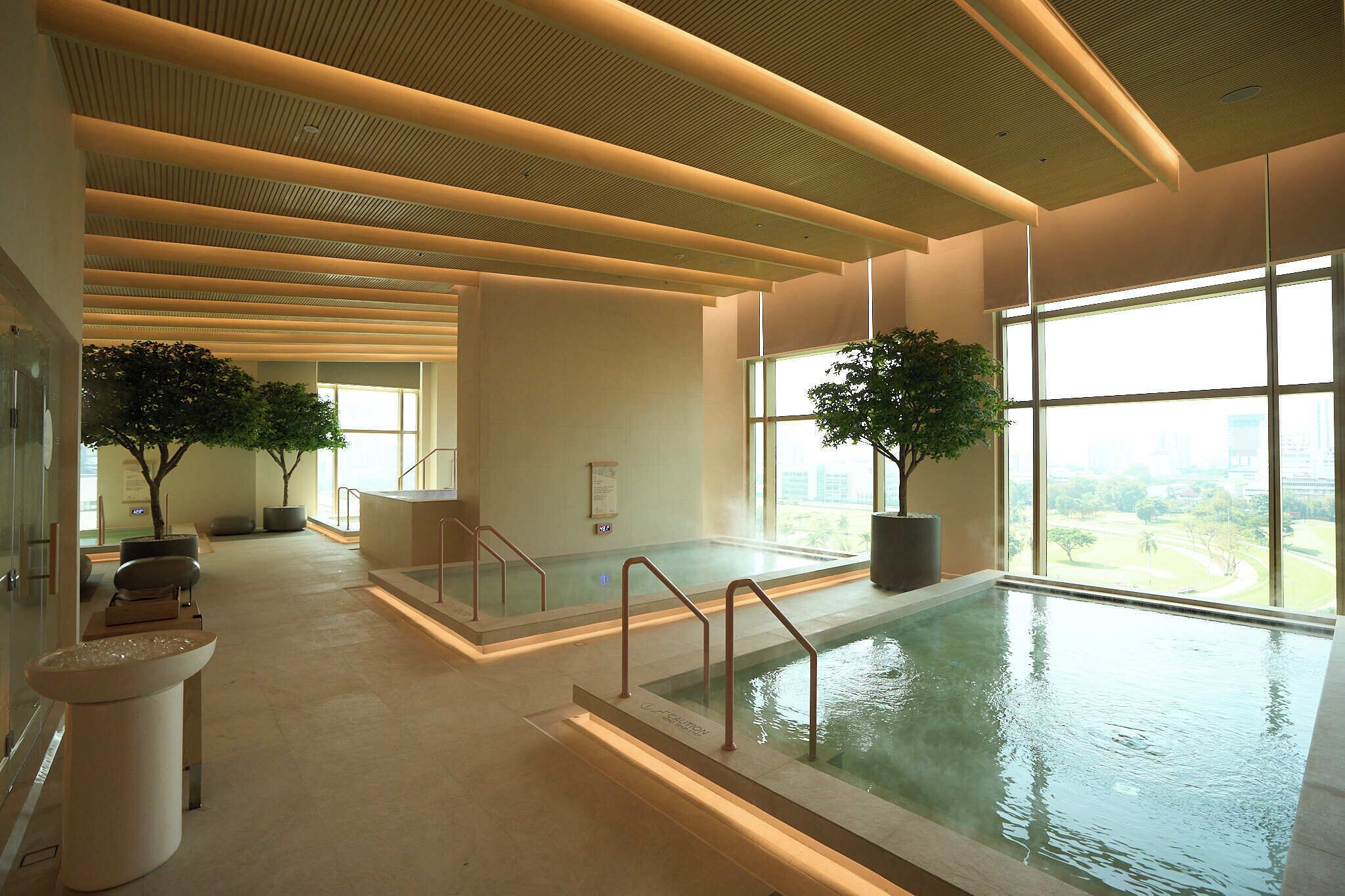 An indoor swimming pool with clear glass walls, a ceiling with linear lighting, and potted trees.
