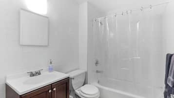 Hair dryer, towels, soap, toilet paper