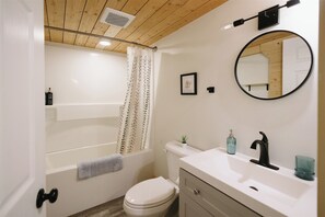 Hair dryer, towels, soap, shampoo