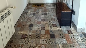 Un couloir avec un sol à motifs, une porte blanche dotée de panneaux de verre et une étagère en métal noir sur laquelle est posée une petite plante.