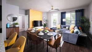 A modern living room with a dining area, a sofa set, and a TV. - Stylish Resort Oasis: 5* Location, Pool, Gym, Pkg! (San Antonio)