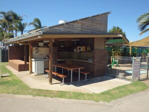 Fridge, microwave, stovetop, cookware/dishes/utensils