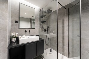 Shower, hair dryer, towels