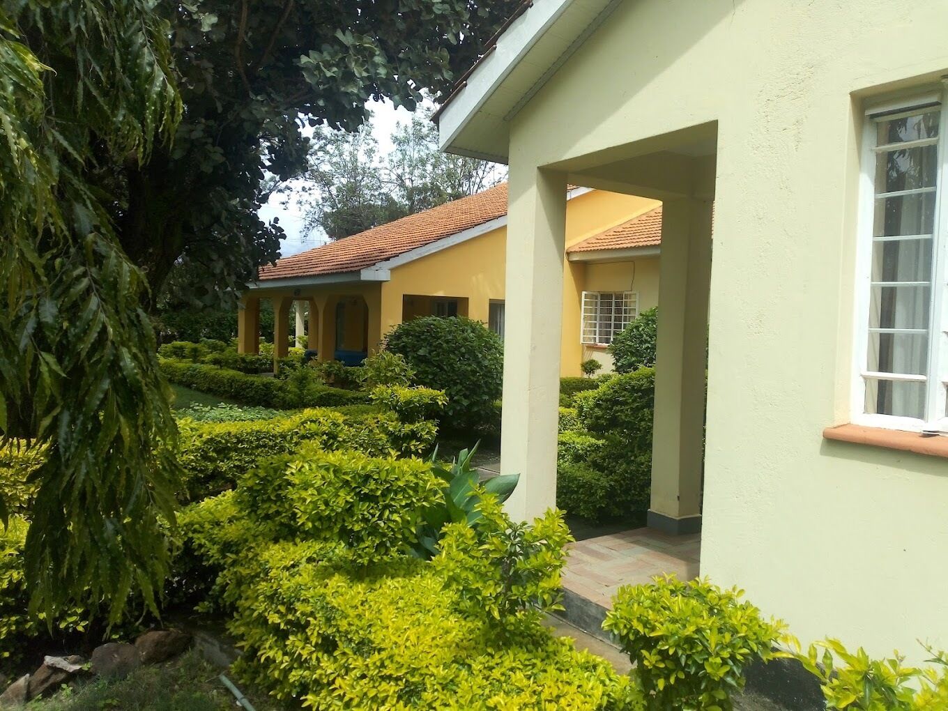 A building with a yellow exterior and a red-tiled roof. There is a covered walkway with columns and a small window. The surrounding area has well-maintained green hedges and trees.