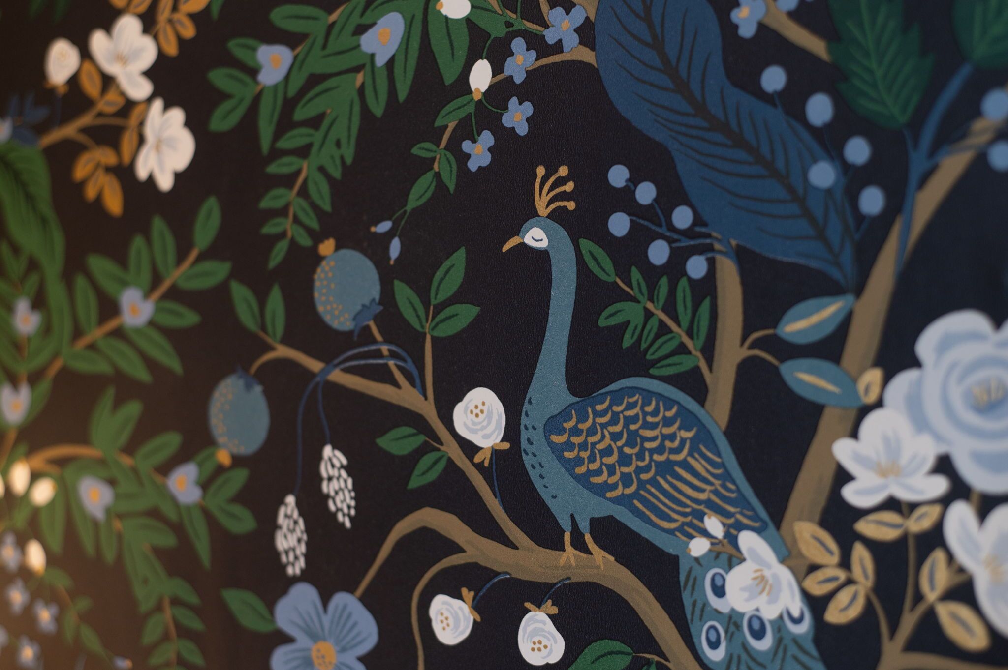 A detailed illustration of a peacock on a branch with surrounding flowers and leaves.