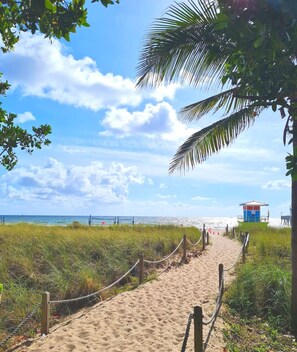 A sandy beach path leading to a lifeguard tower, surrounded by grass and palm trees under a clear sky.