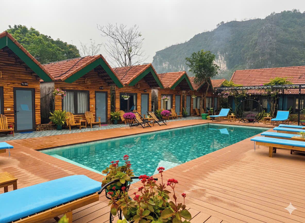 A pool area with wooden deck, lounge chairs, and cabins with red roofs.