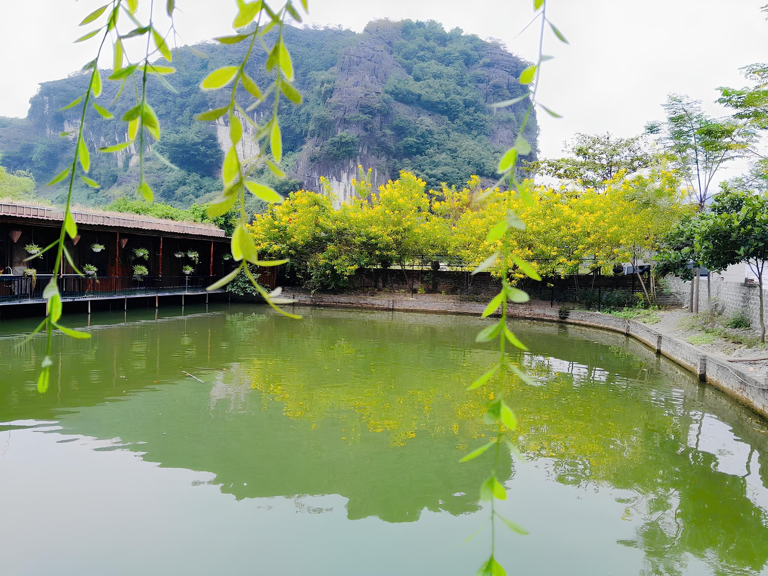 Un bâtiment traditionnel doté d’une galerie couverte surplombant un plan d’eau, entouré d’une végétation luxuriante et adossé à un paysage montagneux.