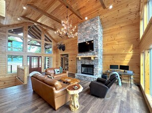 تلفزيون، مدفأة، كُتُب، شاشة كمبيوتر