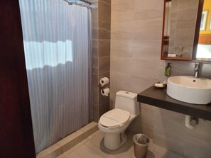 Buồng tắm vòi sen, máy sấy tóc, khăn tắm, xà phòng 