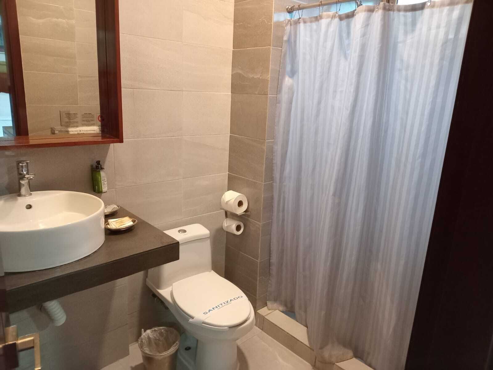 A bathroom with a sink, toilet, and shower curtain.