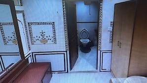 Una habitación con cama, armario, espejo y baño con inodoro y lavamanos.